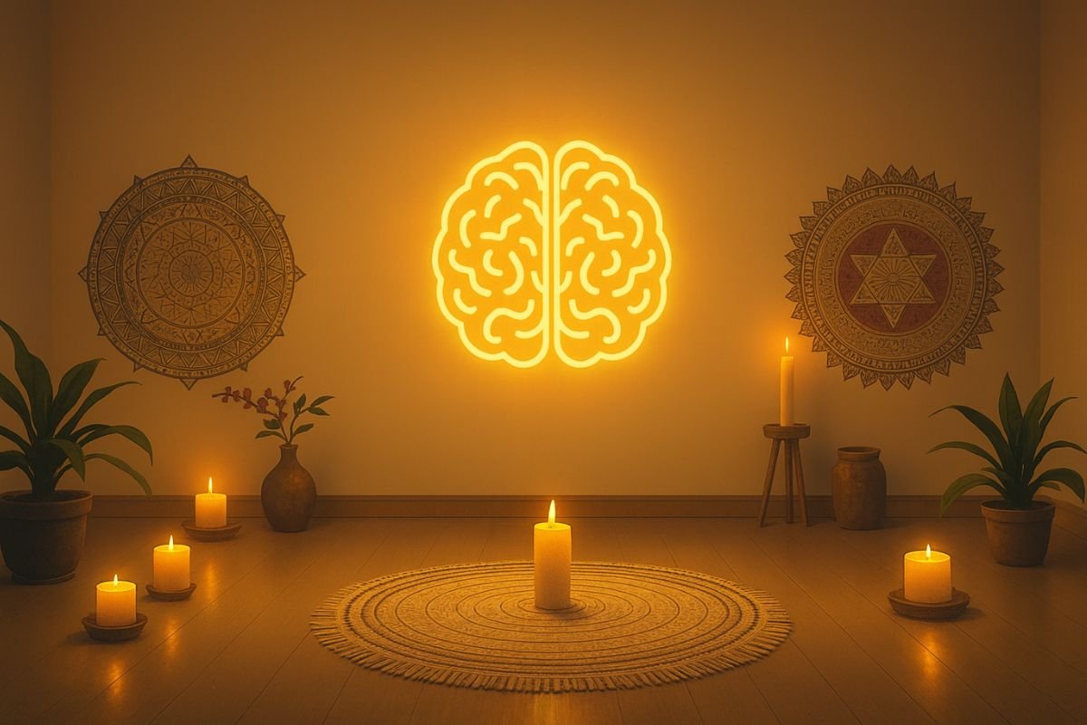 Meditation room with a glowing brain symbol representing inner alignment and spiritual abundance.