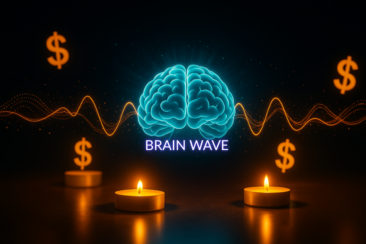 Glowing brain with money symbols representing money frequency and abundance frequency.