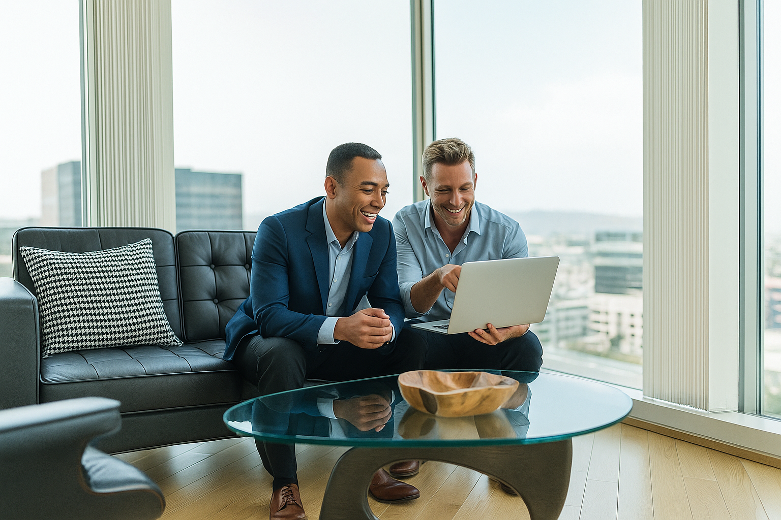 Two professionals smiling while discussing financial decisions on a laptop, illustrating abundance mindset in real-life scenarios.