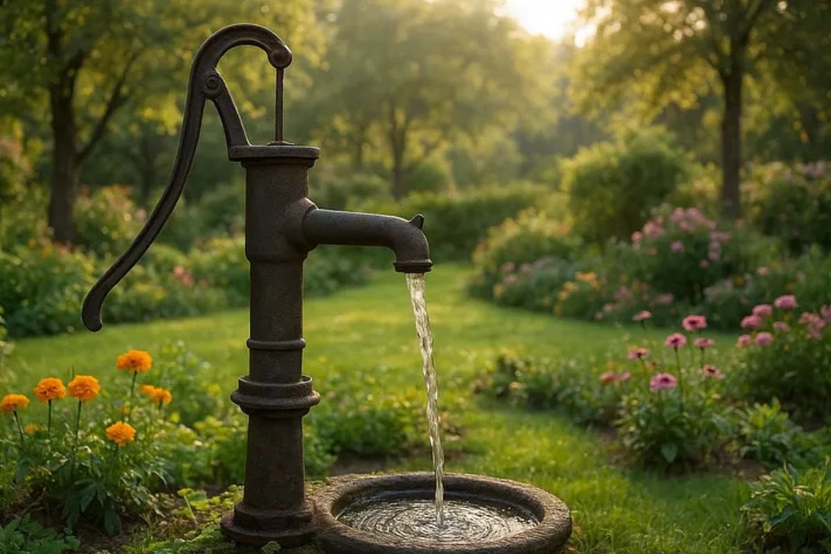 Old hand water pump flowing steadily in a peaceful garden, symbolizing the natural flow of abundance through daily practices.