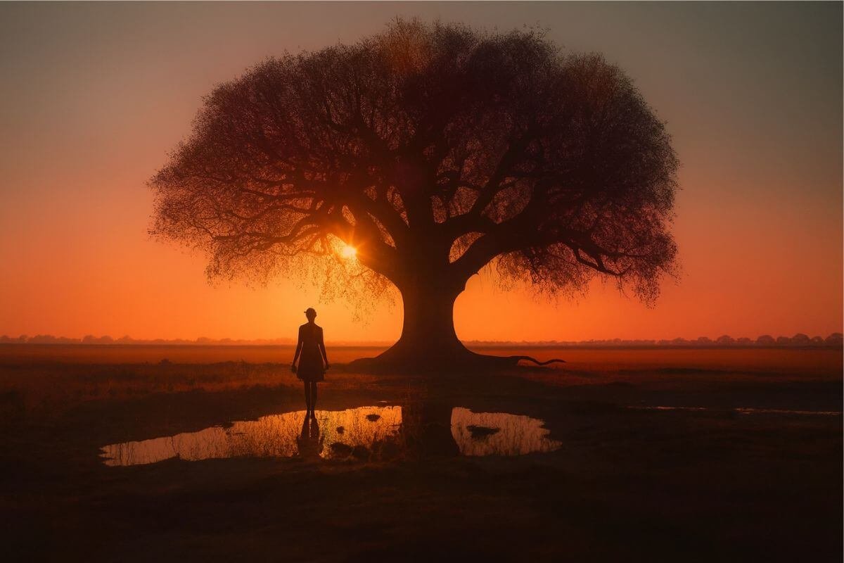 spiritual and energetic foundations of money frequency with a person standing near a tree at sunrise