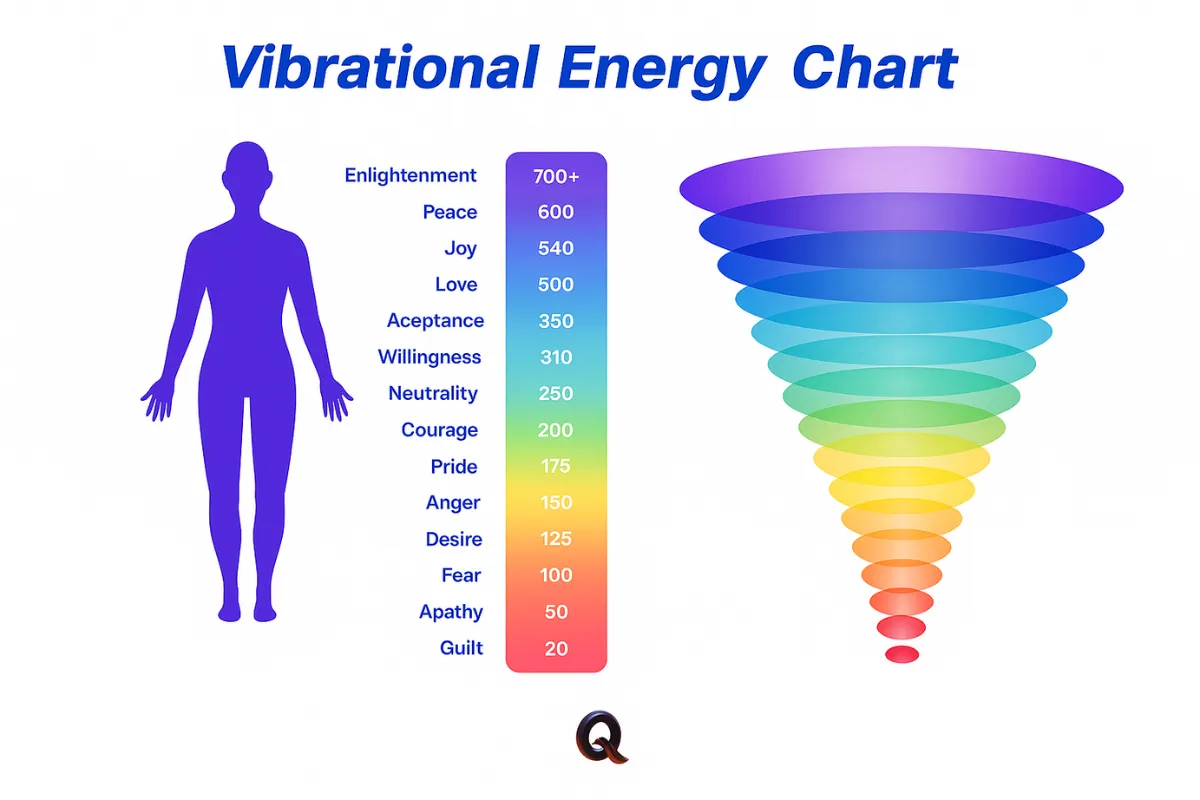 An Emotional Frequency Chart displaying a scale of human emotions ranging from low-frequency states like Guilt (20) and Fear (100) to high-frequency states like Peace (600) and Enlightenment (700 plus).