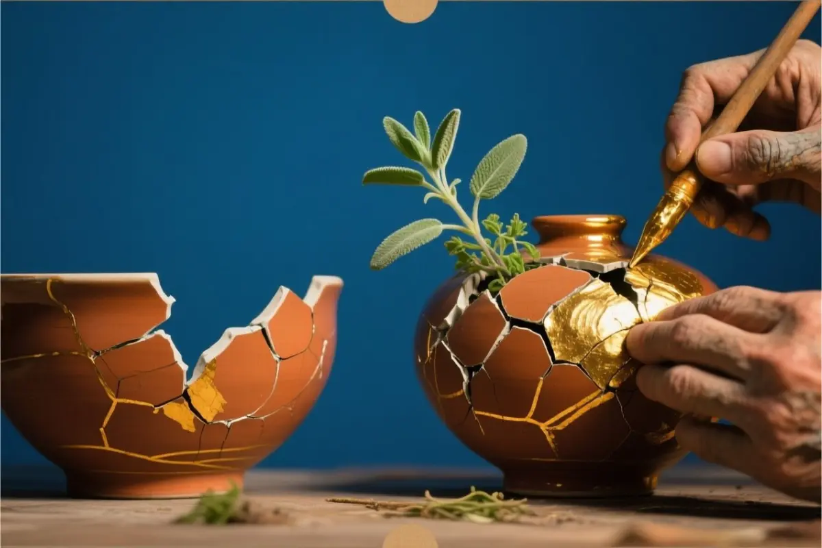 A close-up of hands tending to a green seedling inside a gold-repaired kintsugi pot, symbolizing the small shifts that lead to how to raise your vibration.