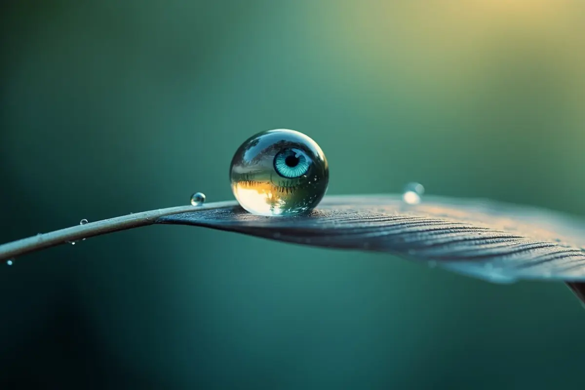 A macro shot of a water droplet on a leaf reflecting a blue human eye, symbolizing the clarity gained by knowing how to raise your vibration through nature.