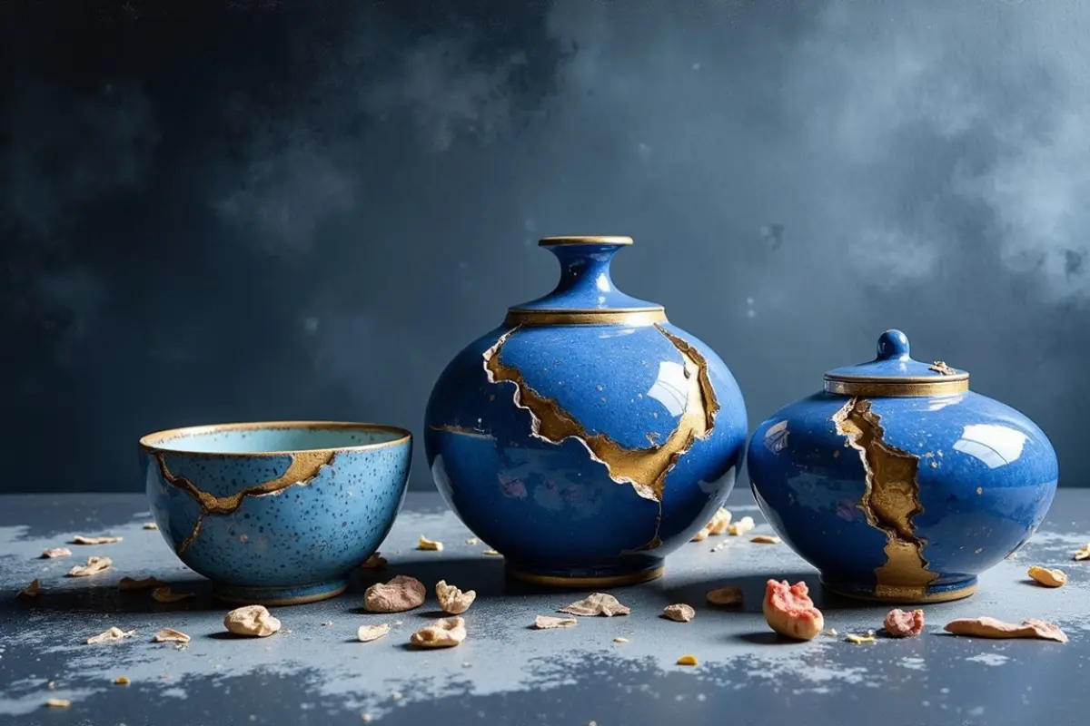 Beautiful blue Kintsugi pottery with gold-filled cracks, symbolizing how to identify micro-drains while maintaining a state of calm and serenity.