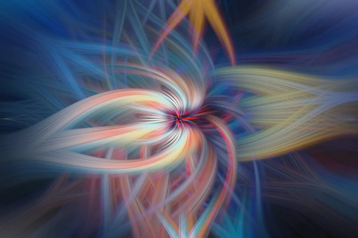 An abstract luminous fractal of swirling blue and gold energy trails, symbolizing the rise in emotional frequency during a higher energy awakening.