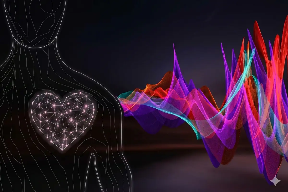 A digital illustration of a human silhouette with a glowing, geometric heart emitting vibrant frequency waves, symbolizing heart-brain coherence and the energetic signature of emotions.