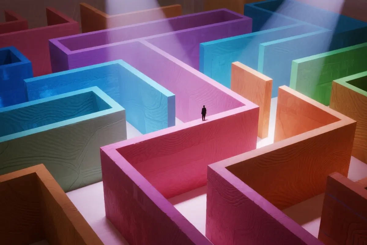 A high-angle view of an intricate, colorful maze with a central figure, symbolizing the identification of repeating money blocks and financial cycles.