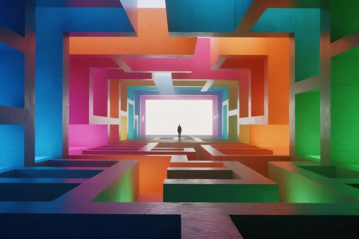 A minimalist figure standing in a vibrant, colorful maze, symbolizing the navigation of subconscious money blocks and financial patterns.