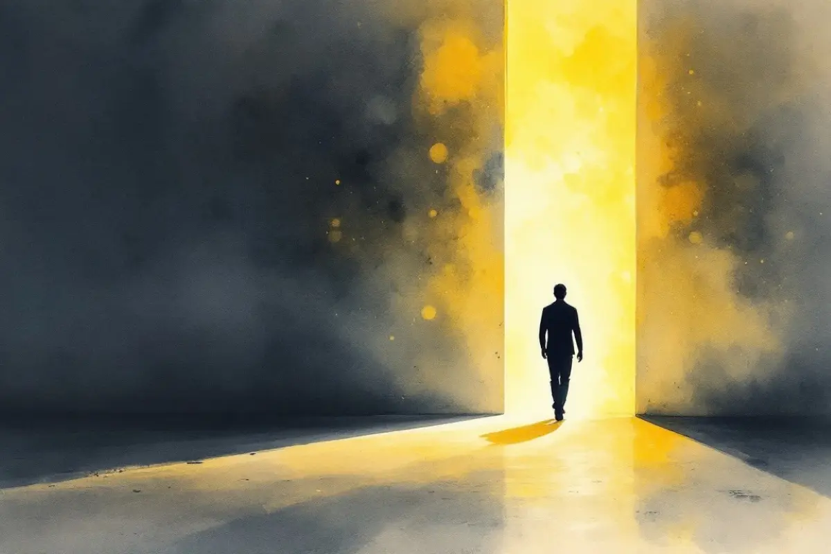 A silhouette of a person walking through a dark corridor toward a bright, golden light, symbolizing the release of internal money blocks.