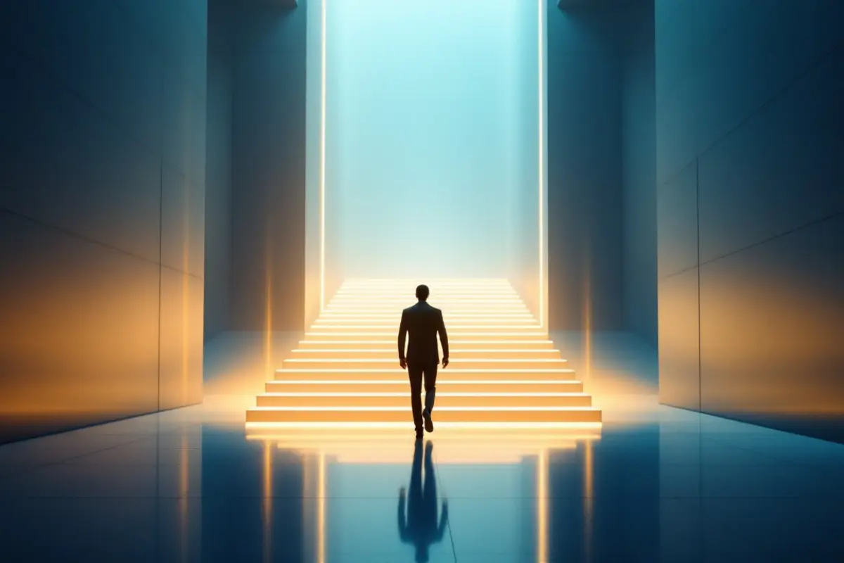 A silhouette walking up a glowing set of stairs toward a bright light, symbolizing the steady journey to releasing money blocks.
